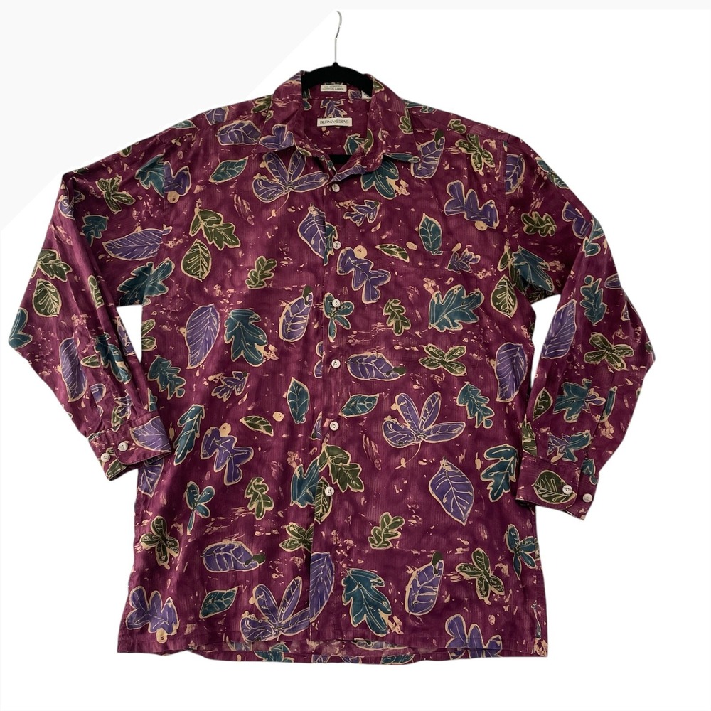 Burma Bibas Cotton Lawn Button Up Leaf Print Shirt Mens Size M Long Sleeve‎